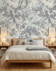 Matte grey expressive brushstroke botanical peel and stick wallpaper - Storm Garden in a warm living room