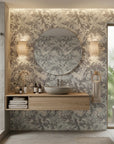 Matte grey expressive brushstroke botanical peel and stick wallpaper - Storm Garden as a feature wall in an office