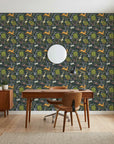 Storybook Forest navy folk woodland wallpaper as a feature wall in a bright home office