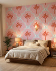 Sugar Palms pastel palm wallpaper adding character to a cozy bedroom