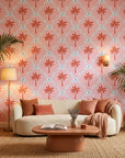 Sugar Palms pastel palm wallpaper as a feature wall in a bright home office