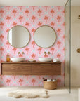 Sugar Palms pastel palm wallpaper creating ambiance in a serene bathroom