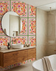 Sun Bloom sunflower wallpaper creating ambiance in a serene bathroom