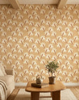 Sun Whispers tropical palm wallpaper in a warm and inviting living room