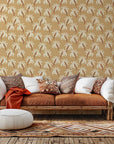 The 'Sun Whispers' pattern: A tan wall covering decorated with white and brown tropical palm motifs