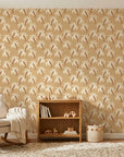 Sun Whispers tropical palm wallpaper creating ambiance in a serene bathroom