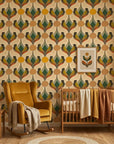 Sun & Feather golden art deco bird wallpaper creating ambiance in a serene bathroom