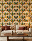 Sun & Feather golden art deco bird wallpaper in a warm and inviting living room