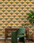 Sun & Feather golden art deco bird wallpaper as a feature wall in a bright home office
