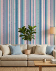 Sunday Stripe pastel hand-drawn stripe wallpaper as a feature wall in a bright home office