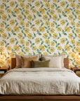 Smooth watercolor yellow daisy botanical peel and stick wallpaper - Sunlit Meadow in a warm living room