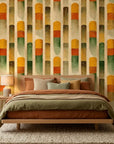 Sunlit Pillars retro geometric column wallpaper in a warm and inviting living room