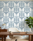 Sunlit Thicket blue floral damask wallpaper as a feature wall in a bright home office