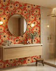 Sunset Scribbles vibrant sunflower wallpaper creating ambiance in a serene bathroom