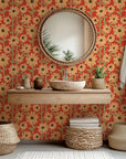 Terra cotta wallpaper adorned with a line-art yellow sunflower design (Sunset Scribbles)