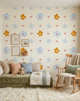 Sweet Bloom meadow sketch wallpaper in a warm and inviting living room