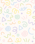A sleek ivory wallpaper featuring slender, multicolored, curving squiggles and spots.