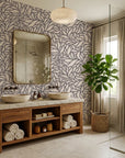 Swirling Echoes fluid foliage wallpaper creating ambiance in a serene bathroom