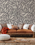 Removable, self-adhesive wallpaper ('Swirling Echoes') featuring an abstract, spiraling leaf motif in dual-toned grey and beige hues