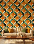 Tangerine Orbit vibrant orange geometric leaf wallpaper creating ambiance in a serene bathroom