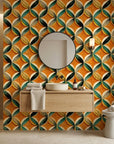 Tangerine Orbit vibrant orange geometric leaf wallpaper as a feature wall in a bright home office