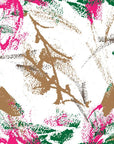 Grunge-style floral motif in pink and green on an abstract white wall covering, labeled Tangled Bloom