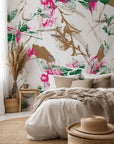 Grunge floral design in pink and green on abstract white wallpaper - Tangled Bloom