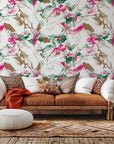 A grungy floral design in pink and green colors on an abstract white wallpaper background.