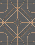 Self-adhesive wallpaper featuring dark grey and copper linear geometric art, named Tangled Haloes