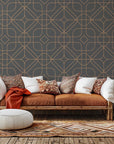 Dark grey and copper geometric line-work removable wallpaper - Tangled Haloes