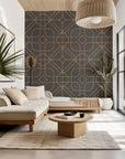 Copper and dark grey self-adhesive wallpaper featuring geometric line art patterning, called Tangled Haloes