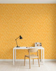 Tawny Rain golden brushstroke dash wallpaper as a feature wall in a bright home office