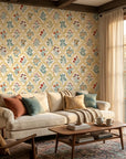 Smooth golden Moorish arch floral botanical peel and stick wallpaper - Teal Alcazar
