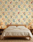 Smooth golden Moorish arch floral botanical peel and stick wallpaper - Teal Alcazar in a warm living room