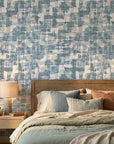 Textured layered teal woven linen abstract peel and stick wallpaper - Teal Loom in a warm living room