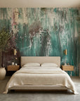 Teal Rain teal and grey abstract expressionist wallpaper in a warm and inviting living room