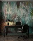 Teal Rain teal and grey abstract expressionist wallpaper adding character to a cozy bedroom