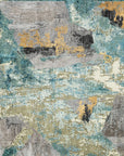 Teal Relic teal gold and grey abstract collage wallpaper creating ambiance in a serene bathroom