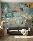 Textured teal gold grey abstract collage peel and stick wallpaper - Teal Relic
