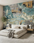 Teal Relic teal gold and grey abstract collage wallpaper in a warm and inviting living room