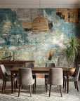 Teal Relic teal gold and grey abstract collage wallpaper as a feature wall in a bright home office