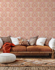 Self-adhesive wallpaper featuring a classic pink and peach floral damask pattern (Tender Bloom)