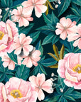 Romantic Tender Hours wallpaper with blush pink peonies and tropical teal leaves on dark background