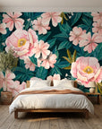 Tender Hours floral wallpaper featuring pink peonies and teal leaves on bedroom accent wall