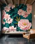 Pink and teal Tender Hours floral wallpaper on industrial loft accent wall with exposed ceiling beams