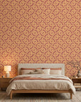 Matte terracotta geometric maze labyrinth peel and stick wallpaper - Terracotta Labyrinth in a warm living room