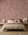 Matte dusty rose outline leaf sprig peel and stick wallpaper - Terracotta Leaf in a warm living room