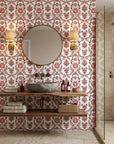 Smooth Ottoman floral vine botanical peel and stick wallpaper - Terracotta Spice as a feature wall in an office