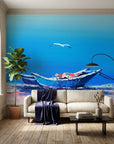 Canvas-like blue coastal fishing boat and seagull peel and stick wallpaper - Tethered & Blue