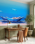Tethered & Blue serene coastal boat wallpaper as a feature wall in a bright home office